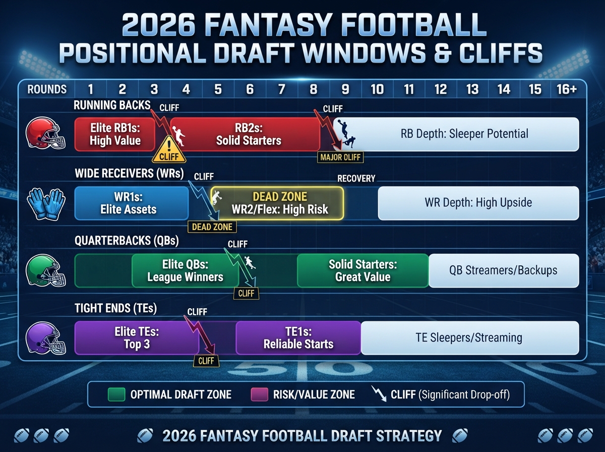 Infographic showing the optimal draft rounds for running backs, wide receivers, quarterbacks and tight ends in 2026 fantasy football