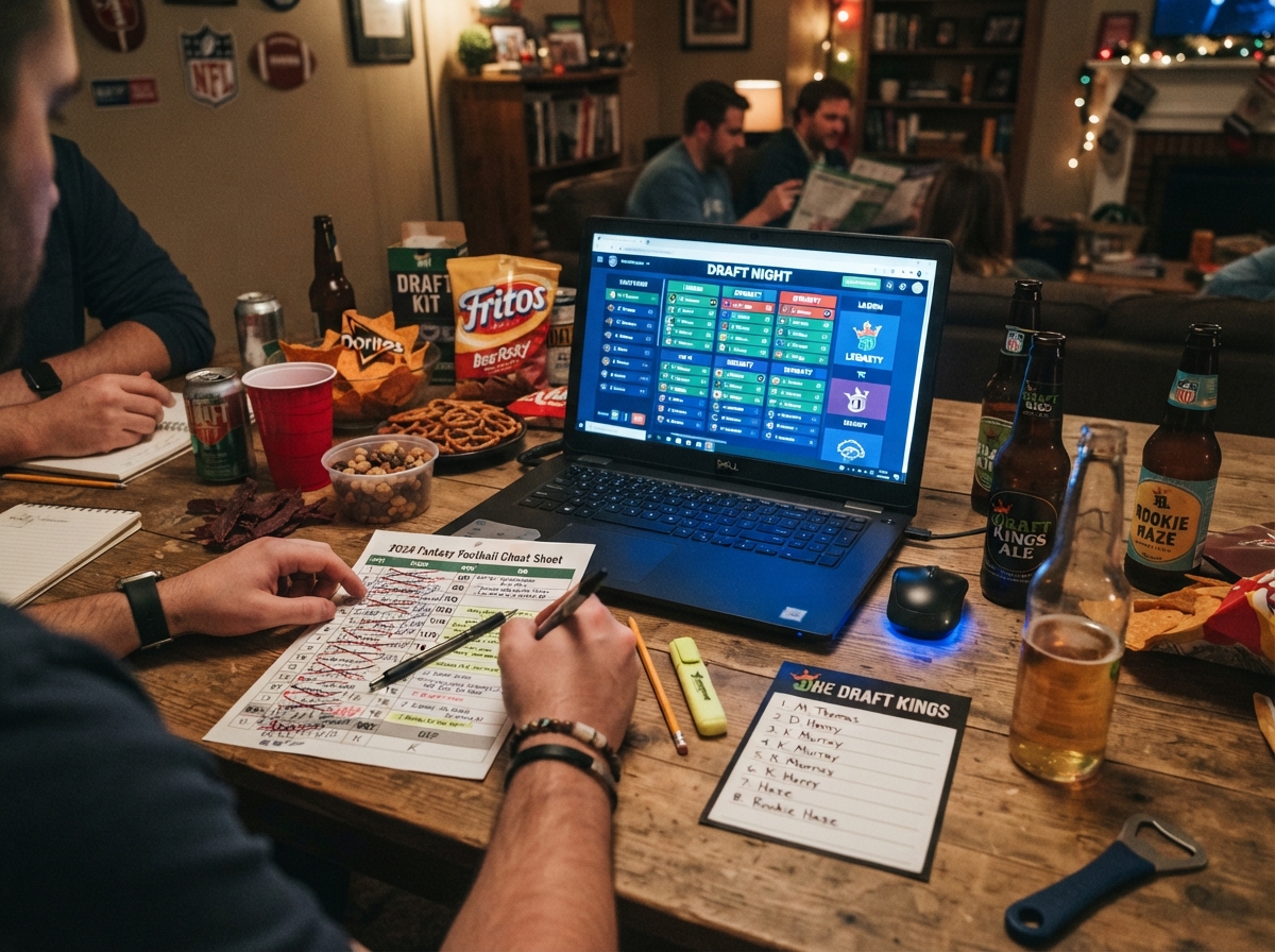 Fantasy football draft night setup with a printed cheat sheet and laptop draft board